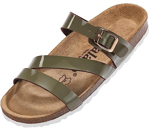 Palado Pantoletten Damen Ikaria – bequeme Sandalen Made in Spain - Hausschuhe mit dämpfendem Kork-Fußbett - modische Sommerschuhe Khaki Lack UK7 - EU40