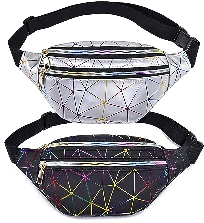 2 Stück Mode Wasserdicht Gürteltasche, PU Leder Reflektierender Hüfttasche, mit Verstellbarer Gurt, Glänzend Bauchtasche, Mode Metallic Gürteltasche, für Reisen Party Wandern (Schwarz,Silber)