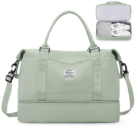 Reisetasche Damen Easyjet Handgepäck Tasche Sporttasche Weekender Bag Schwimmtasche Wasserdicht Travel Bag Duffle Bag Fitnesstasche Trainingstasche Krankenhaustasche mit Schuhfach A14-Weißgrün