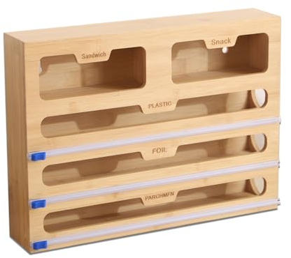 DYOUEN 5in1 Folienspender Holzspeicherbox Mit Cutter Frischhaltefolie Abroller Aufbewahrungskiste Frischhaltefolienschneider für Küchenschublade