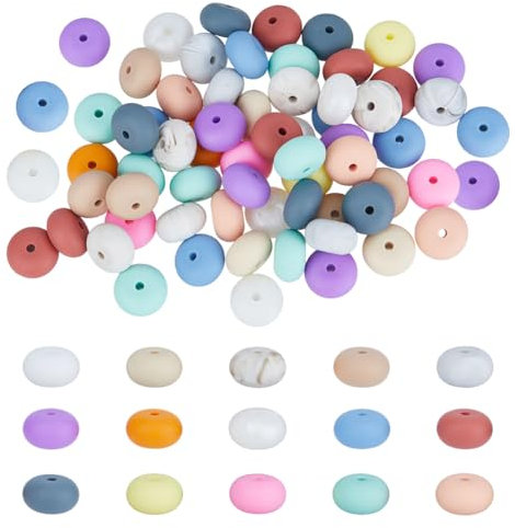 SUPERFINDINGS 120 pièce de Perles en Silicone de 15 couleurs Mélangées Perles D'Espacement en Vrac Perles en Caoutchouc pour Stylo Porte Clés Accessoires de Bijouterie 14x8mm