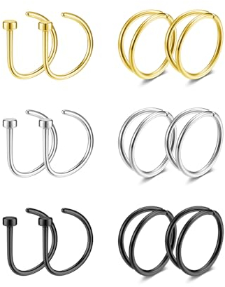 PiercingJak Edelstahl Nasenpiercing Doppel Nasenring Dünn Nasenringe 20G 8mm Fake Septum Ring Nasenflügel Nasenklammer Nostril Piercing Ohne Loch Nase Schmuck Silber Gold Schwarz, 12 Stücke