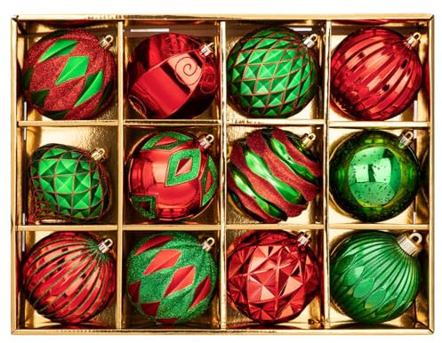 10cm/4 Red and Green Large Christmas Baubles Ornaments Set 12 pcs Shatterproof Big Christmas Balls for Christmas Tree Decorations Christmas Tree Ornaments for Xmas Trees Holiday Wedding Party Decor