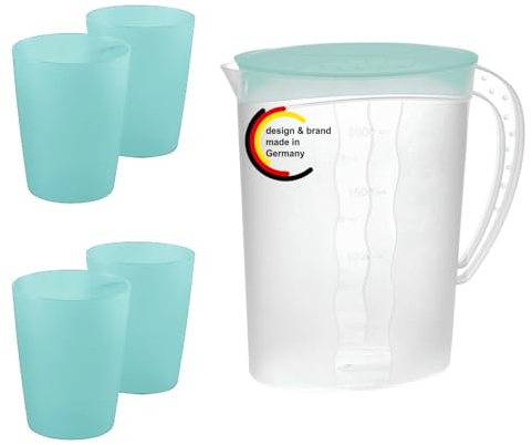 KiNDERWELT Premium Set Saftkanne 2 Liter Kunststoff und Trinkbecher 4er Set, 250 ml, Saftkanne mit Deckel und integrierter Maßeinteilung, aquamarin aus Kunststoff