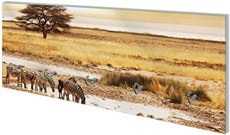 Wallario Wandgarderobe aus Glas in Größe 80 x 30 cm mit Memoboard-Funktion, Motiv: Safari in Afrika eine Herde Zebras am Wasser | 5 Kleiderhaken zum Aufhängen von Jacken