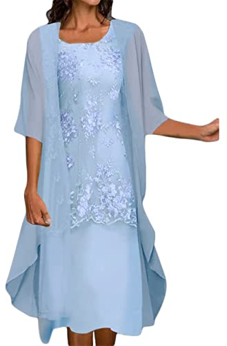 Skang Sexy Sommerkleid Damen Frauen Casual Stickerei Kleid Rundhals Elegante Kleider Halbarm Chiffon Schal Strickjacke Zwei Set Kleid Sommerkleider Damen Knielang