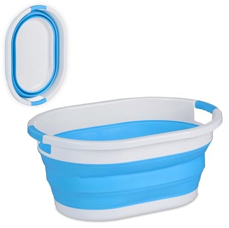 Relaxdays Wäschekorb faltbar, 36 l, Wäschewanne aus Kunststoff, platzsparend zusammenklappbar, mit Griffen, blau/weiß