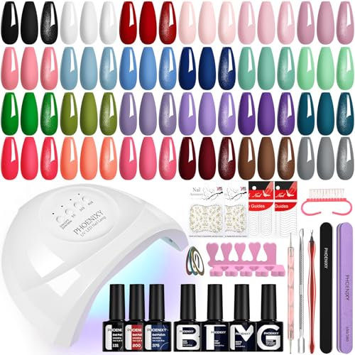 Phoenixy Gel Nail Kit, 72 Effects Gel Nail Polish Set with Base Top Matte Glitter Coat, 24 Colours Nails Kits with U V Lamp Manicure Set Gift for Women