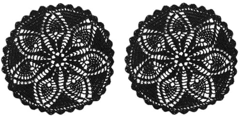 BOMHCS Set mit 2 Stück, 25,4 cm bis 27,9 cm, gehäkelte runde Deckchen, Küche, Teetasse, Untersetzer, Kaffeebar, Tischsets, handgefertigte Tischsets (schwarz, 25,4 cm bis 27,9 cm, 2 Stück)