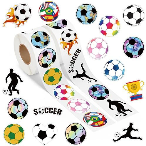A1diee Football Soccer Theme Stickers - 1000Pcs in 2 Rolls with 16 Patterns Cute Soccer Motivational Self-Adhesive Decal Reward for Party Favor Supplies Gifts Water Bottle Scrapbook Laptop Decoration