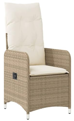 vidaXL Gartensessel mit Kissen, Verstellbar Gartenstuhl mit Stahlrahmen, Loungesessel für Außenbereich, Relaxsessel, Beige Poly Rattan
