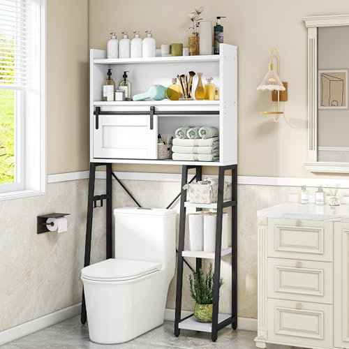 YITAHOME Over the Toilet Storage, Floorstanding Bathroom Cabinet with Sliding Doors Tall Toilet Storage Shelf with Paper Holder Stand Home Space-Saving Washing Machine Rack for Restroom, Laundry