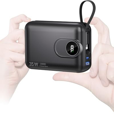 Batterie Externe 20000mAh avec Câble intégré : 35W Power Bank à Charge Rapide pour téléphone Portable, Batterie USB C (Input & Output), Chargeur Portable avec 4 Sorties et 2 entrées