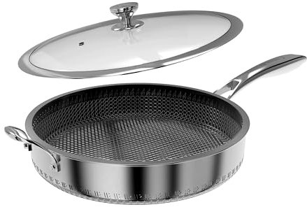 CATHYLIN 316L Stainless Steel 7QT Frying Pan Hex Nonstick Wok with Lid,Single Handle to Hold, PFOA Free, Dishwasher Oven Safe (7QT/Single Handle)