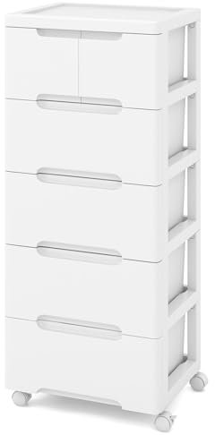 COSTWAY Chest of Drawers, 5/6/7-Drawer Dresser Storage Cabinet with Wheels, Modern Tall Freestanding Chest Cupboard Drawers Organiser Unit for Bedroom, Living Room, Closet and Hallway (White, 5-Tier)