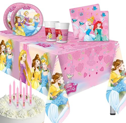 Lage Set Stoviglie Principesse - Addobbi Decorazioni Tavola per Festa Compleanno Bambina Bimba Disney Princess, 8 Piatti, 8 Bicchieri, 20 Tovaglioli, 1 Tovaglia, 8 Candeline, per 8 Persone (45 pz tot)