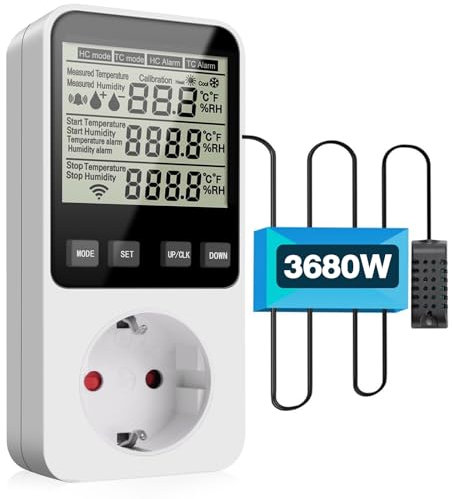Diymore Feuchtigkeitsregler/Temperaturregler Steckdose 230V mit Fühler, 3680W Digitaler Hygrostat Feuchteregler, Luftfeuchtigkeitsregler mit Alarm für Luftbefeuchter Luftentfeuchter Pilz Terrarium