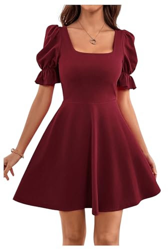 GORGLITTER Women's Summer Square Neck A Line Mini Dress Puff Sleeve Plain Elegant Casual Skater Dresses Burgundy L