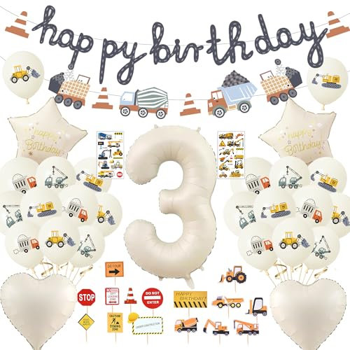 Bagger Geburtstag Deko 3 Jahre Junge - Baustelle Luftballons und Happy Birthday Girlande Auto Tortendeko, Baufahrzeug Geburtstagsdeko für Kindergeburtstag Party Dekoration