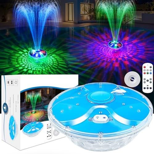 DeeprBling Fuente Flotante para Piscina con Luces Subacuáticas, Fuente Recargable Piscina con Botones y Control Remoto,2 Modos de Pulverización y 7 Modos de Luz, Fuente de Luces para Piscina con Ancla