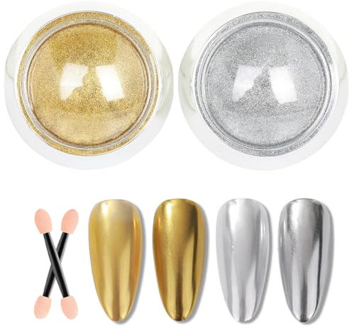 GZMAYUEN 2Pcs Gold Silver Chrome Nail Powder, Metallic Mirror Effect Nail Chrome Powders, Chrome Powder for Nails Pigment Glitter Powder