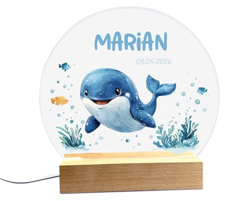 Herz & Heim® LED Nachtlicht mit niedlichem Design personalisierbar mit Wunschname & Datum (Wal)