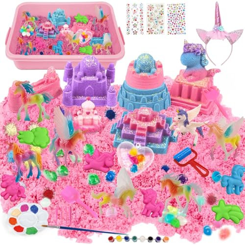 FreeSkill Sensory Bin - Unicorn Play Sand for Kids, Sand Art Kits with Sandbox, 13 Castle & Unicorn Molds, DIY Painting Set with Gem Stickers, Craft Kit Birthday Gift for Ages 3-8