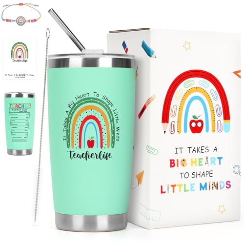 Teacher Gifts for Women, 20oz Travel Mug with Straw and Lid, Bracelet & Card, Tumbler Cup Gift for Teacher from Students/Parents, Stainless Steel Reusable Insulated Cup (Teacherlife)