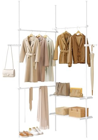 eSituro Teleskopischer Kleidertrog, Bodenständiger Kleiderständer von Boden bis Decke mit 3 Hängerstäben, 2 Ablage und Seitenhaken, Offene Garderobe mit Kleiderstange, Weiß