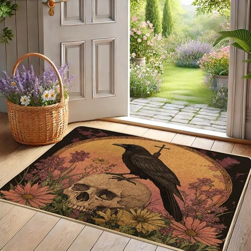Fußmatte mit Gothic-Blumenmuster, schwarzer Rabe und Totenkopf, für Außen- und Innenbereich, Vintage-Stil für Halloween, rutschfestes Gummi, wasserdicht, leicht zu reinigen, 73 x 43 cm