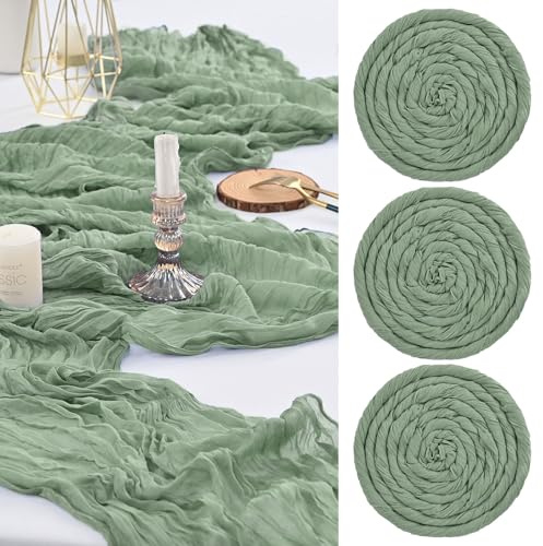 3 Stück Salbeigrün Seihtuch Tischläufer,55 x 300 cm Grün Rustikaler Gaze Stoff Boho Tischläufer Käsetuch Cheesecloth Tischläufer Hochzeit Tischdecke für Hochzeit Brautparty Bankett Dekoration