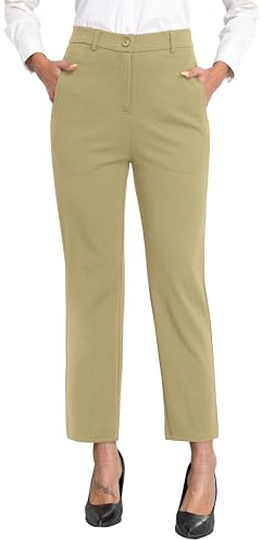 GRECERELLE Affärsbyxor, kostymbyxor, dam, affärsbyxor, elegant, elastisk linning med dragkedja, fickor och knappar, kaki, L