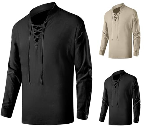 BSBUY Men's Medieval Shirt Cotton Long Sleeve Shirt, Retro Lace-Up Top Medieval Vintage Costume for Renaissance Pirate Viking Medieval
