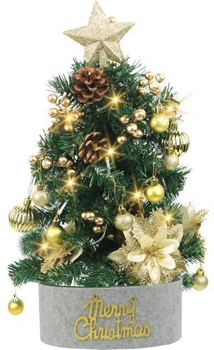 Artificial Mini Christmas Tree, 23Inch Small Christmas Trees with Lights Pre-lit Tabletop Xmas Tree Berry Pine Cone Ornaments for DIY Desktop Xmas Home, Kitchen Decor
