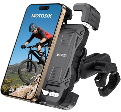 MOTOSIX Soporte Móvil Moto Antivibración,ANTIRROBO, Brazo Metálico Extensible 360º.Soporte Móvil Bicicleta Bici Patinete electrico, Motocicleta. Teléfonos de 4,7-7,2'' Todo Tipo de Manillar