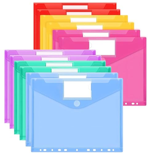Dokumententasche A4+ Abheftbar mit Klettverschluss, 12 Stück, 6 Farben | Durchsichtige Dokumentenmappe A4 Klettverschluss mit 11 Lochrand, Dokumentenhüllen für Dokumente Organisation,Büro und Schule