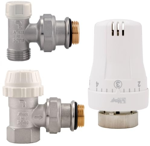 Schläfer 37021712 | Thermostat-Komplett-Set Eckform,Thermostatventil 1/2 Zoll, Thermostatkopf eingebautem mit Flüssigkeitsfühler mit Rücklaufverschraubung Eckform 18,6 mm (Rp 1/2) × 21 mm (R 1/2)