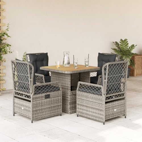 Runheo 5-TLG. Garten-Essgruppe, Grau Poly Rattan, verstellbare Stühle & Tisch, UV-beständig, 4 Relaxsessel, für Terrasse, Balkon, Essbereich im Freien
