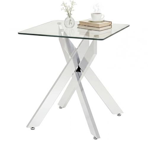 COSTWAY Beistelltisch aus Glas, Kleiner Couchtisch Morden | mit gehärteter Glasplatte & X-Metallgestell, quadratischer Esstisch, Glastisch für kleine Räume, Esszimmertisch, Wohnzimmer