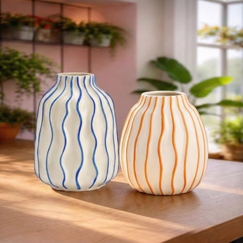 Keramik-Vasen Blau Orange gestreift als Frühlingsdeko - Moderne Bunte Dekovase für Wohnzimmer