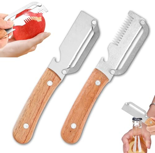 2Pcs Stainless Steel Vegetable Peeler&Shredder Set, Ergonomic Multifunctional Vegetable Peelers with Wooden Handle&Bottle Opener, Kitchen Peeler for Apple Potato Pumpkin Papaya