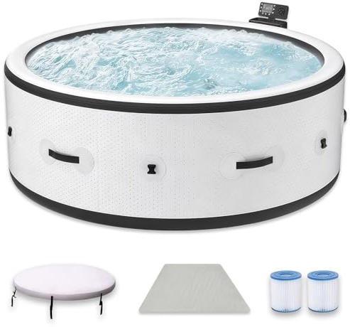 BANGBANGJI Spa Gonflable pour Extérieur, 6 Personnes Économe en Énergie, Rond 206 x 71cm, Chauffage Rapide 104°F, avec 150 Jets d'air & 1 Couverture Thermique pour Terrasse Jardin Extérieur