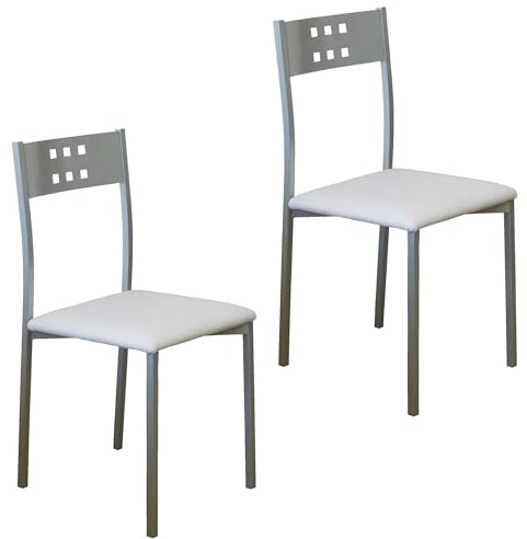 MOMMA HOME Set 2 Sillas de Cocina y salón -Xara - Material Metal Color Plata y Asiento en Cuero sintético - Medidas 41 x 47 x 86 cm. (Blanco)