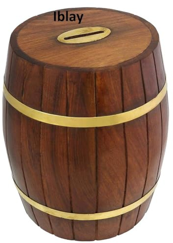 IBLAY Wooden Money Bank, Barrel-Shaped Coin Bank with Brass Accents, Handmade Wood Savings Box for Coins and Cash, Decorative Piggy Bank for Home, 7 x 5 Inches