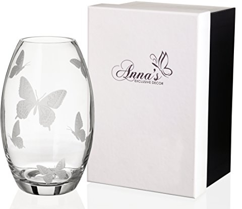 Schmetterlingsvase, luxuriöse, handgefertigte Glasvase, verziert mit sandgestrahlten Schmetterlingen, in einer eleganten, mit Satin gefütterten Geschenkbox, europäisches Design, transparent, 23 cm