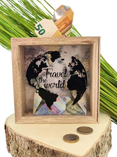 MC-Trend Spardose Travel The World aus Holz mit Glasscheibe – stilvolle Reisekasse für alle Weltenbummler und Reise-Liebhaber(Travel The World)