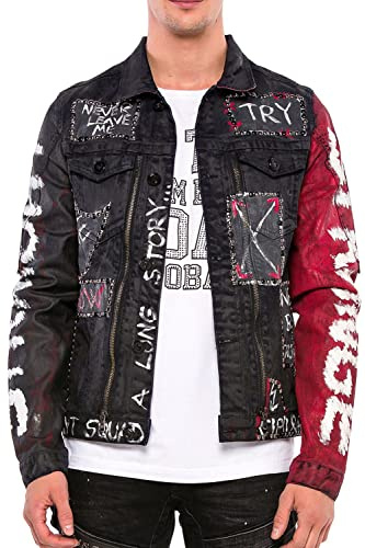 Cipo & Baxx Herren Jeansjacke – Auffällige Denim Übergangsjacke | mit Print Used-Look und Streetwear-Design