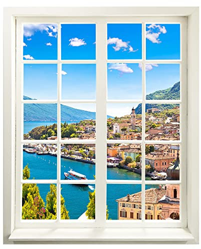 Wandtattoo - Fenster mit Aussicht Dorf am See 83 x 100 cm - Wandaufkleber - Wandsticker