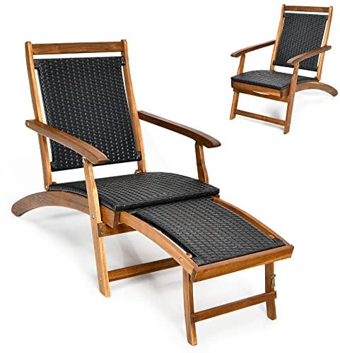 COSTWAY Folding Sun Lounger, Acacia Wood Rattan Deck Chair with Retractable Footrest, All-Weather Outdoor Chaise Lounge Patio Sunbed for Garden, Balcony and Poolside (Brown, without Wicker Side Table)