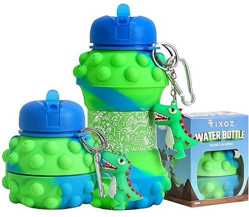 RIXOZ Dinosaur POP IT Water Bottle - 500ml Silicone Collapsible Dinosaur POP IT Water Bottle With Dinosaur Keychain For Kids